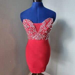 B Darlin Strapless Red Dress with Embellished Bodice